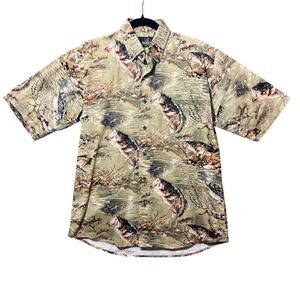 Red Head Short Sleeve Bass‎ Fish Print Button Up Shirt M Vintage Y2K Fishing